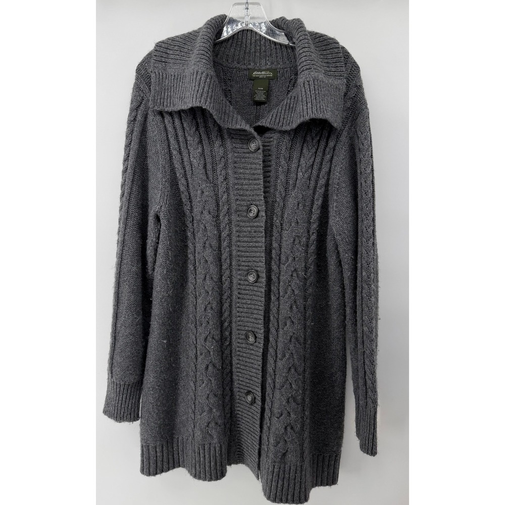 Eddie Bauer Gray Cable Knit Wool Alpaca Blend Shawl Collar Cardigan XL 0728